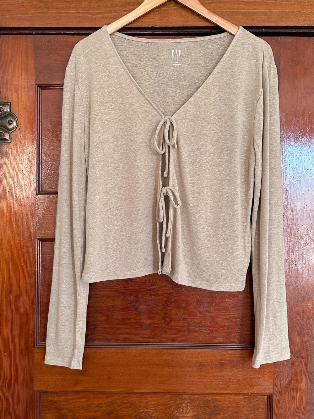 New Gap Linen-Blend Tie-Front Long Sleeve Top Size Medium Minimalist Neutral